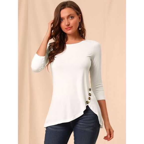 3/4 Sleeve Round Neck Button Decor Stretchy Tunic Tops White - Picture 3 of 6